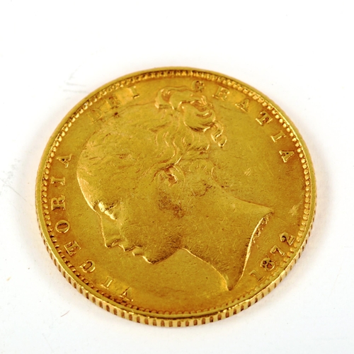 143 - A Victoria 1872 gold full sovereign coin, die no. 98, 7.9g