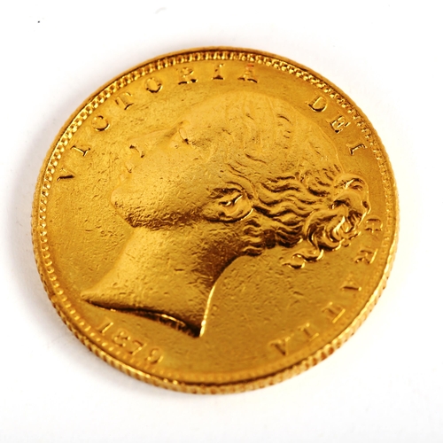 146 - A Victoria 1879 gold full sovereign coin, Sydney Australia Mint, 7.9g