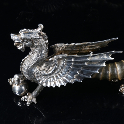 1001 - An antique Walker and Hall table-top lighter, silver plate dragon form with antelope horn body, make... 