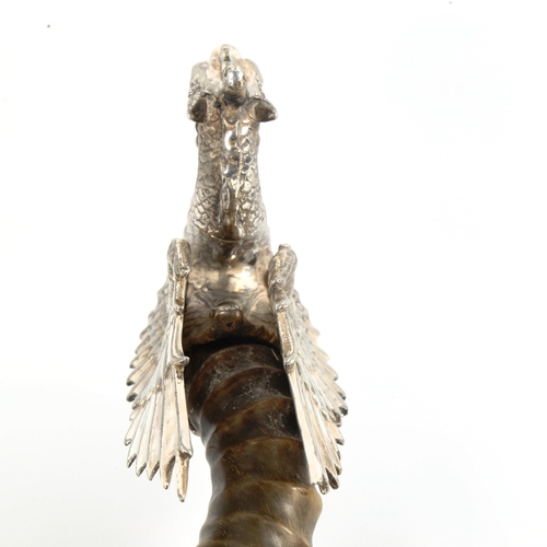 1001 - An antique Walker and Hall table-top lighter, silver plate dragon form with antelope horn body, make... 