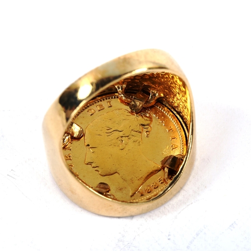 173 - A Victoria 1885 gold half sovereign coin ring, in 9ct gold mount, size R, 9.7g