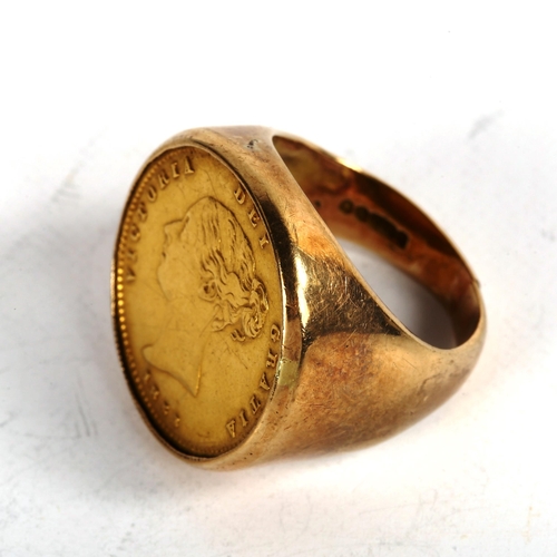 174 - A Victoria 1853 gold half sovereign coin ring, in 9ct mount, size K, 9.9g (shank cut)