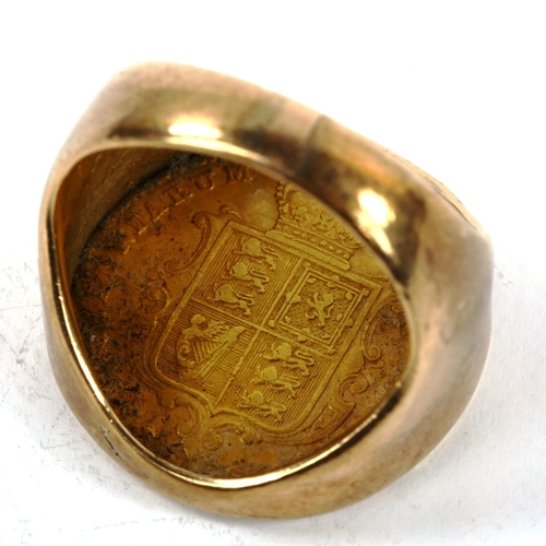 174 - A Victoria 1853 gold half sovereign coin ring, in 9ct mount, size K, 9.9g (shank cut)