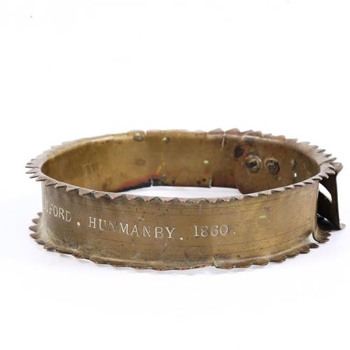1005 - A 19th century brass dog collar with padlock clasp, inscribed Vice Admiral Mitford Hunmanby 1860, di... 
