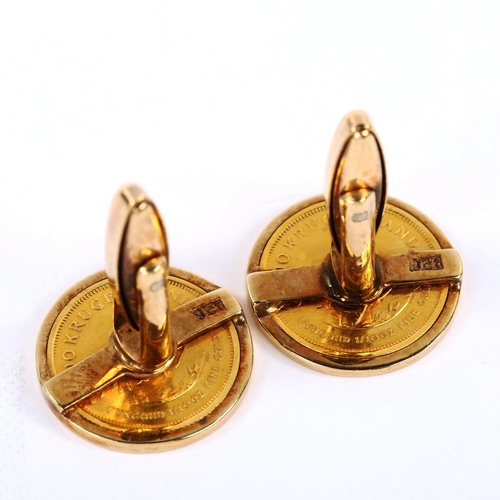 176 - A pair of South African one tenth ounce fine gold Krugerrand coin cufflinks, in 9ct gold mounts, 15.... 