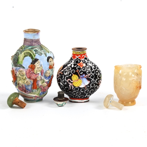 1017 - 3 Chinese snuff bottles, comprising a relief carved jade bottle with stopper, height 4.5cm, a relief... 