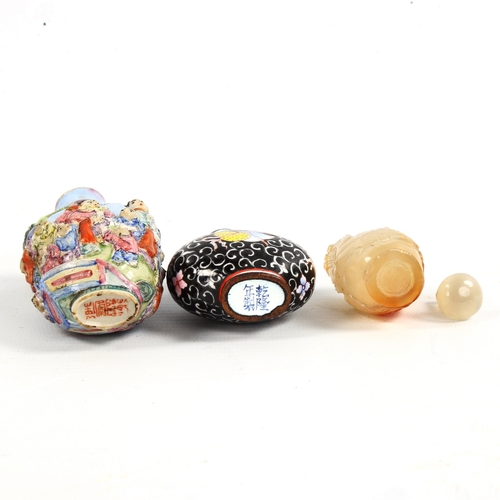 1017 - 3 Chinese snuff bottles, comprising a relief carved jade bottle with stopper, height 4.5cm, a relief... 