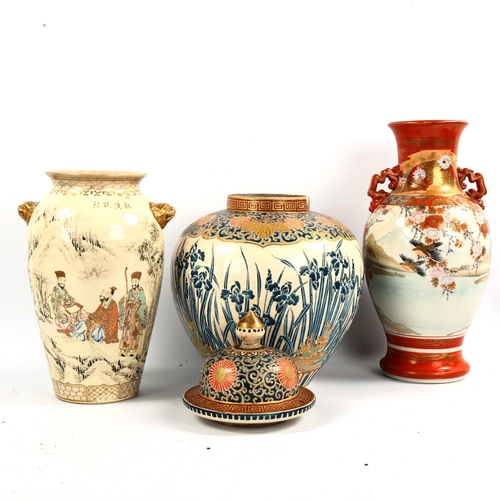 1042 - A Chinese porcelain jar and cover with gilded shoulders, height 32cm, and 2 Japanese porcelain vases... 