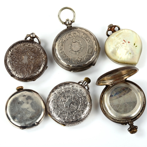 44 - 6 Continental silver and mother-of-pearl cased fob watches (6)