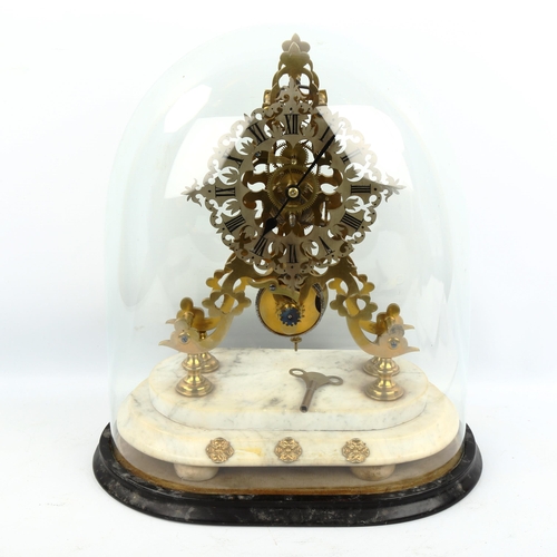 62 - An Antique brass skeleton clock under glass dome, silvered dial with Roman numeral hour markers, rai... 