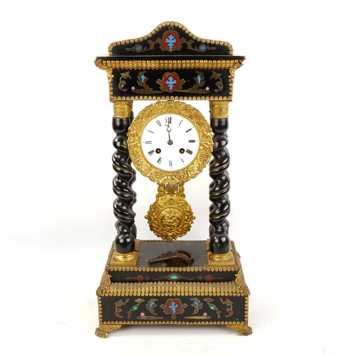 64 - A 19th century French brass-mounted ebonised 4-pillar portico 8-day mantel clock, white enamel dial ... 