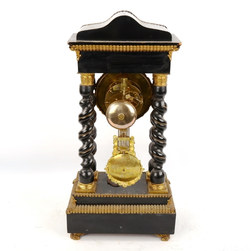 64 - A 19th century French brass-mounted ebonised 4-pillar portico 8-day mantel clock, white enamel dial ... 