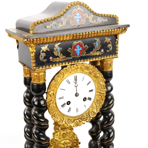 64 - A 19th century French brass-mounted ebonised 4-pillar portico 8-day mantel clock, white enamel dial ... 