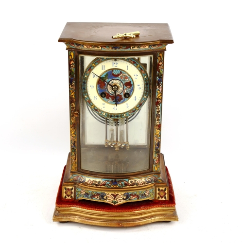 65 - A brass-cased cloisonne enamel 4-glass 8-day mantel clock, cream enamel dial with hand painted blue ... 