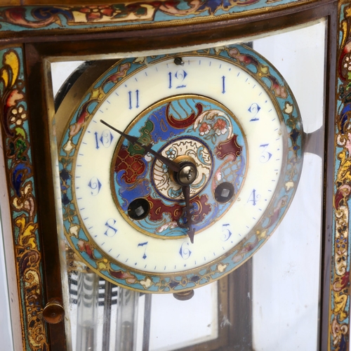 65 - A brass-cased cloisonne enamel 4-glass 8-day mantel clock, cream enamel dial with hand painted blue ... 