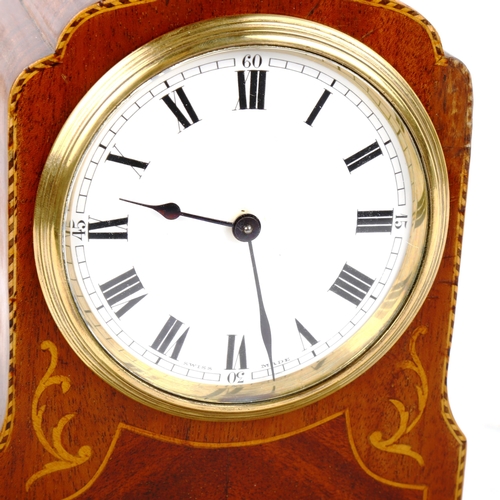 72 - An early 20th century satinwood-inlaid mahogany shaped mantel clock, by Buren, white enamel dial wit... 