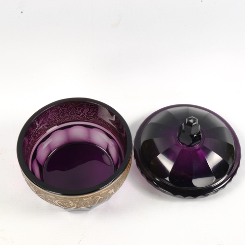 1081 - **DESCRIPTION CHANGE** *Johann Oertel* dark purple glass *Bird of Paradise* jar and cover, with orop... 