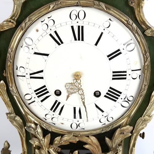 75 - A large 19th century French green painted wood and brass 8-day mantel clock, white enamel dial with ... 