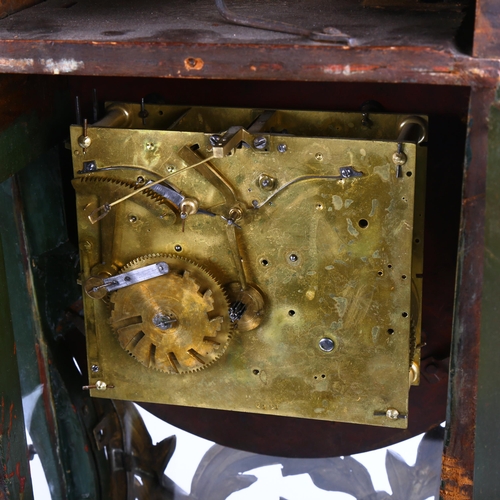 75 - A large 19th century French green painted wood and brass 8-day mantel clock, white enamel dial with ... 