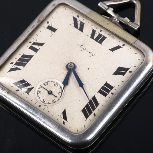 76 - ASPREY - an Art Deco sterling silver-cased open-face keyless-wind pocket watch, square engine turned... 