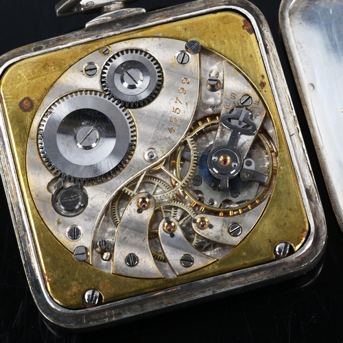 76 - ASPREY - an Art Deco sterling silver-cased open-face keyless-wind pocket watch, square engine turned... 