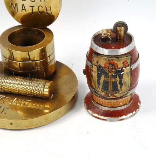1092 - A brass match-striker stand, an Omega blue and red pocket lighter, and a souvenir barrel design tabl... 