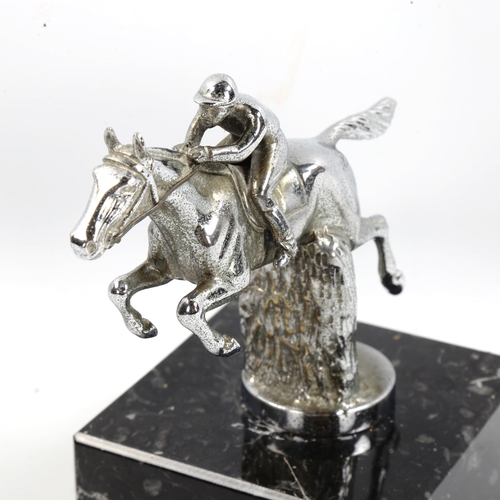 1095 - A Vintage chrome plate race horse and jockey design car mascot, modern black marble, base, overall h... 
