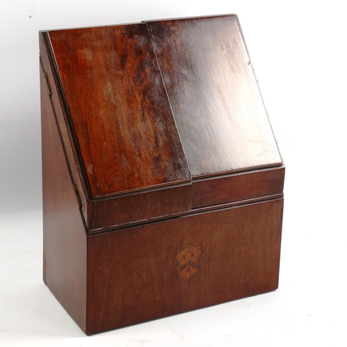 1167 - A Victorian mahogany stationery box, with inlaid armorial crest, width 25cm, and a small mahogany ca... 