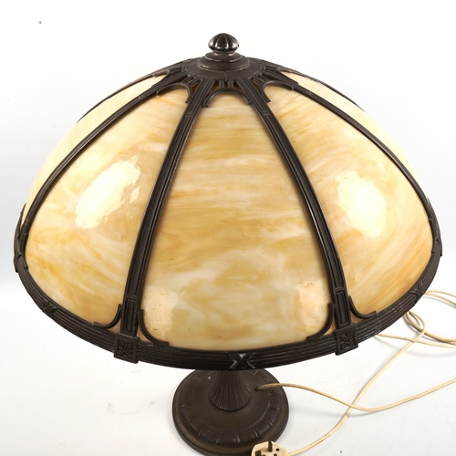 1169 - An anodised metal lamp with matching marbled glass mushroom-shaped shade, shade diameter approx 50cm