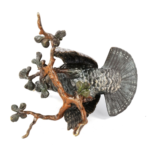 1299 - Cold painted bronze sculpture of a capercaillie on a branch, height 19cm