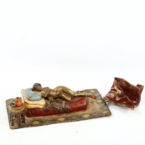 1308 - Bergmann style cold painted bronze erotic sculpture, woman laying on a bed with removeable covers, l... 