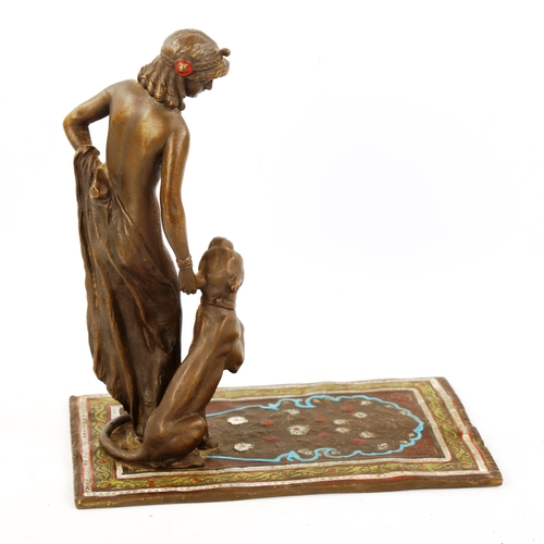 1312 - Bergmann style cold painted bronze female nude with panther on Persian rug, height 16cm