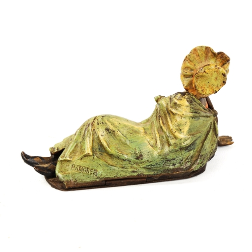 1313 - Austrian cold painted bronze erotic sculpture, reclining woman with removeable covers, length 14cm