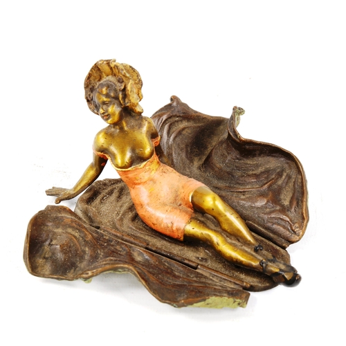 1313 - Austrian cold painted bronze erotic sculpture, reclining woman with removeable covers, length 14cm