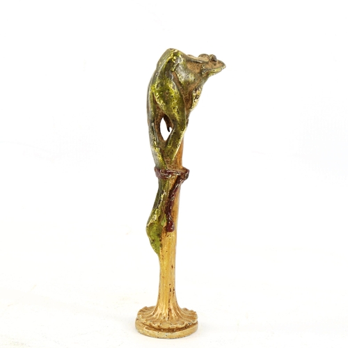 1318 - Franz Bergmann, cold painted bronze frog on a pole, height 10.5cm