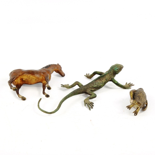 1320 - 3 Austrian cold painted bronze animals, penguin, height 4cm, horse, height 6cm, and a lizard (3)