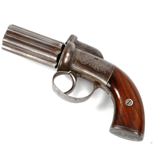 1345 - A 19th century 6-shot pepperbox pistol, with engraved lock and mahogany grips, barrel length 7cm, ov... 