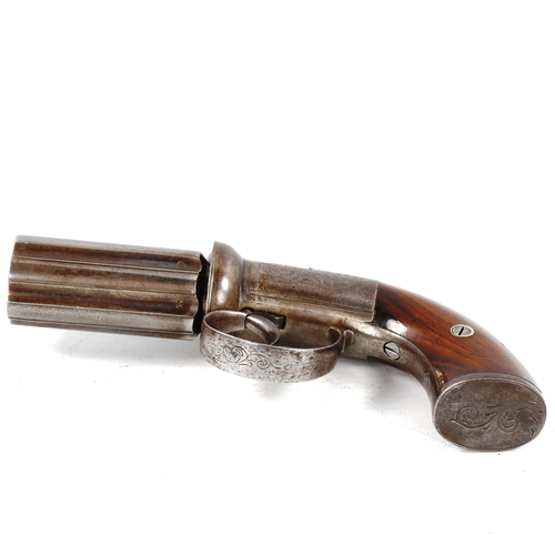 1345 - A 19th century 6-shot pepperbox pistol, with engraved lock and mahogany grips, barrel length 7cm, ov... 