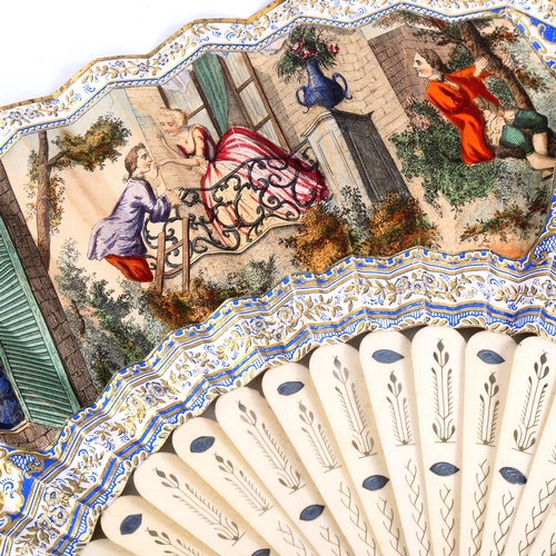 1347 - A 19th century French bone and paper fan, with hand-coloured printed romantic scenes, length 27cm