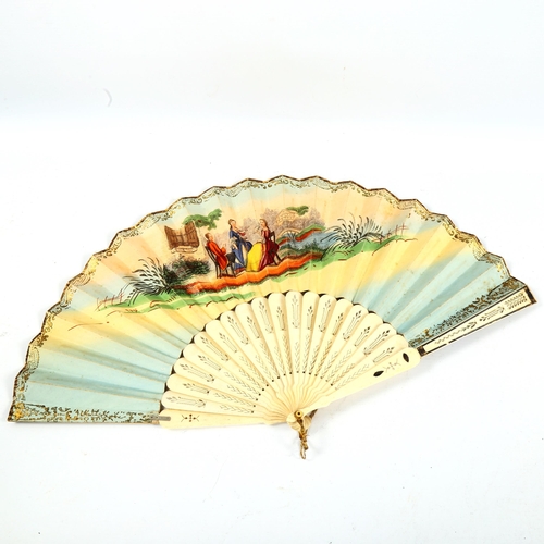 1347 - A 19th century French bone and paper fan, with hand-coloured printed romantic scenes, length 27cm