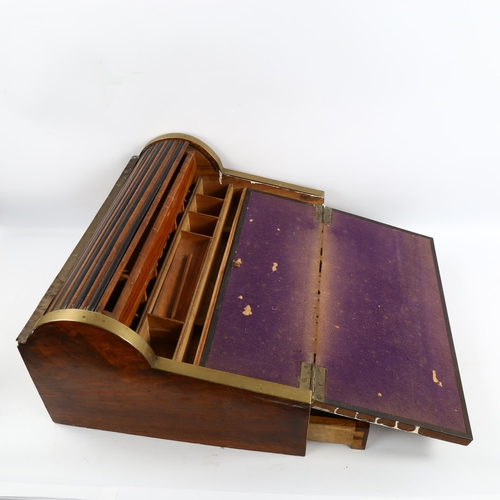 1351 - 19th century brass-bound hardwood campaign writing slope with tambour top, width 49cm