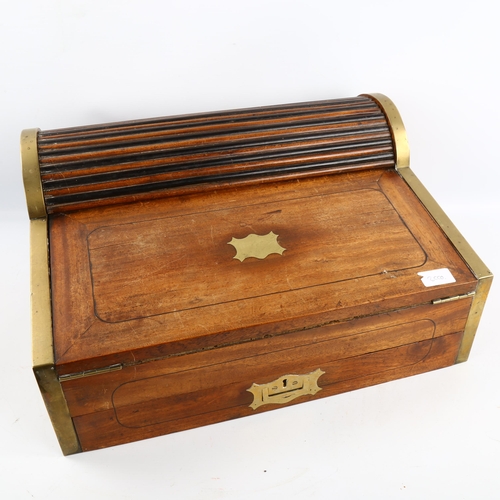 1351 - 19th century brass-bound hardwood campaign writing slope with tambour top, width 49cm