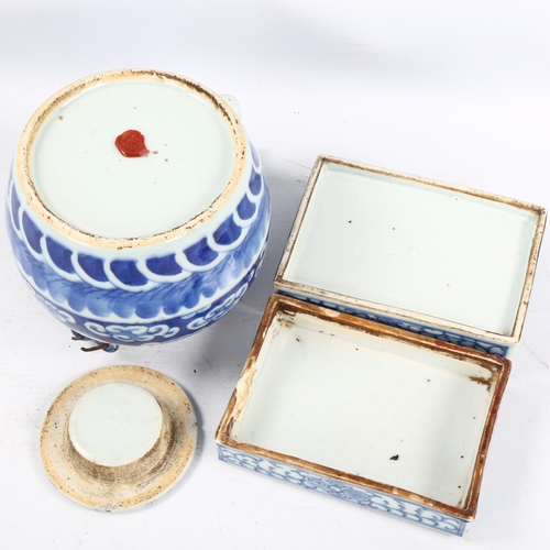 1355 - A Chinese blue and white porcelain dragon teapot, height 12cm, and a blue and white porcelain rectan... 