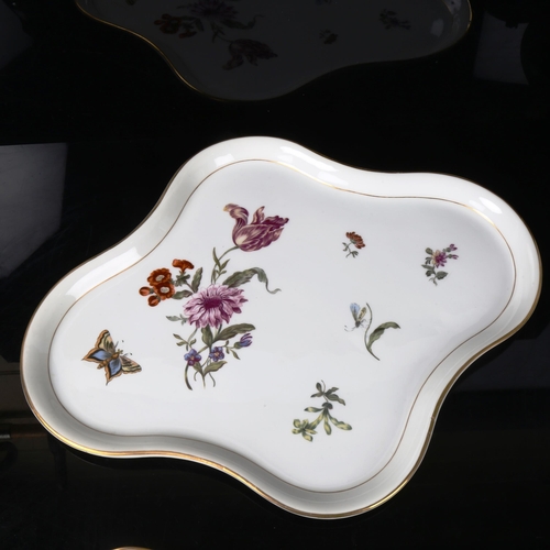 1028 - A German white glaze porcelain Tea for Two set on matching tray, with hand painted botanical decorat... 
