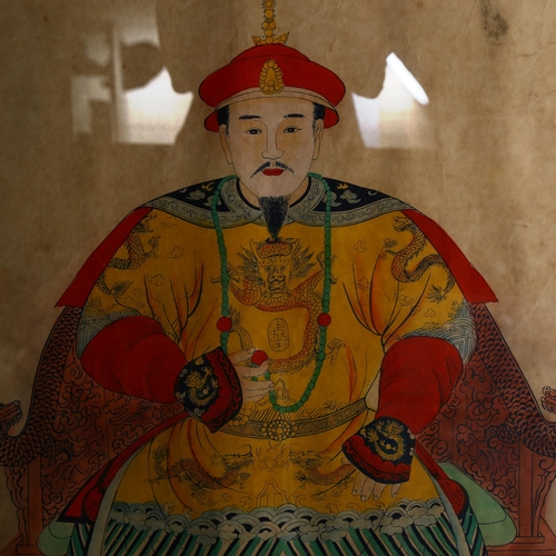 1025 - A large Chinese scroll, watercolour over a printed base, ancestral portrait with text inscription, f... 