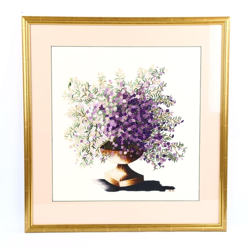 1026 - A silk embroidered picture, depicting lilac flowers in an urn, framed, overall frame dimensions 58cm... 