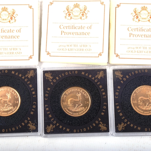 183 - 3 x South African 2014 1/4oz fine gold Krugerrand coins, cased with certificates of provenance (3)