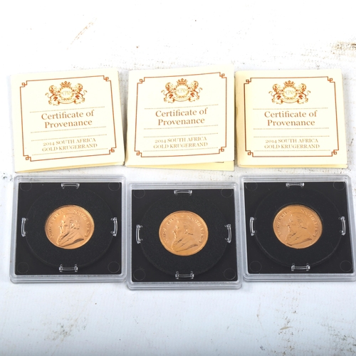 183 - 3 x South African 2014 1/4oz fine gold Krugerrand coins, cased with certificates of provenance (3)