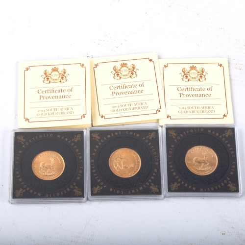 184 - 3 x South African 2014 1/4oz fine gold Krugerrand coins, cased with certificates of provenance (3)