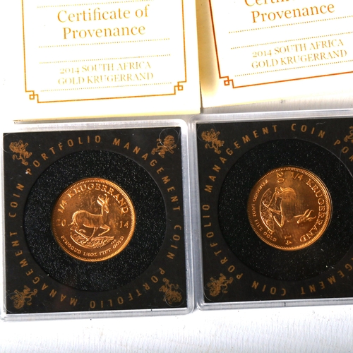 184 - 3 x South African 2014 1/4oz fine gold Krugerrand coins, cased with certificates of provenance (3)